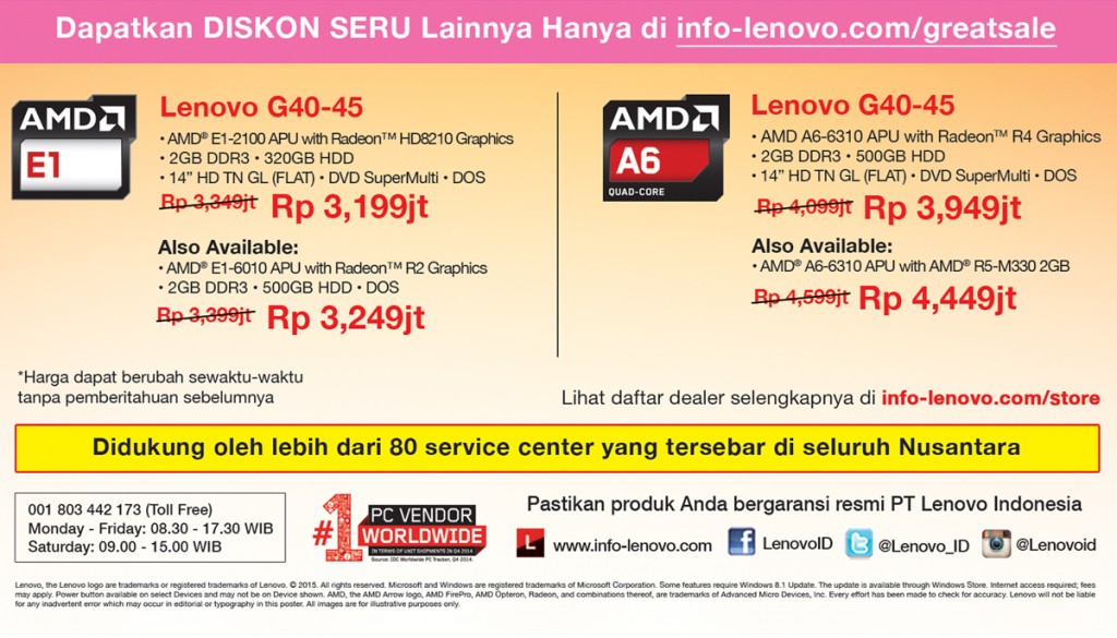 Lenovo G40-45 Dapatkan Diskon Langsung Hingga 1 Juta Rupiah!