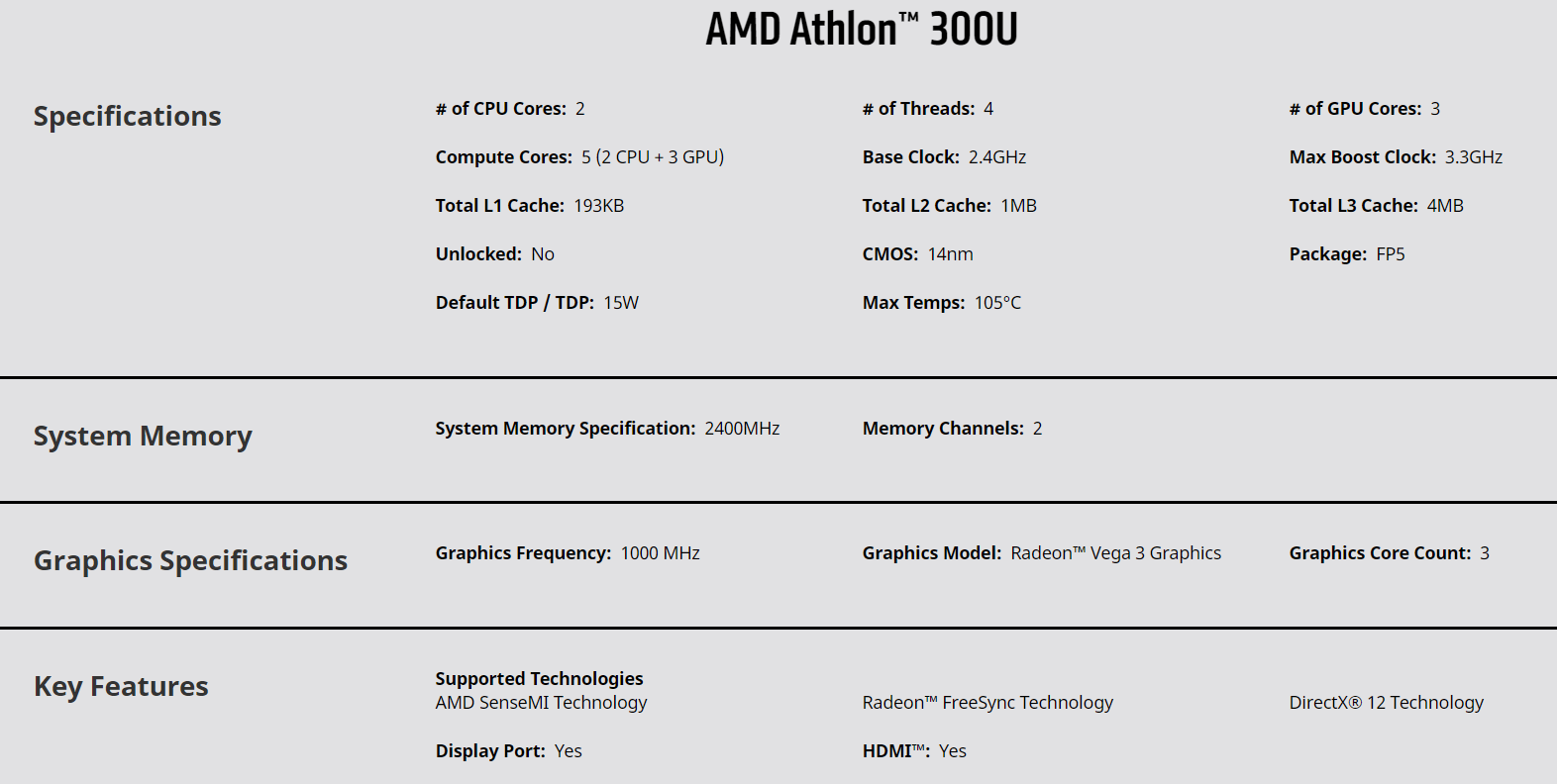 Spesifikasi AMD Athlon™ 300U